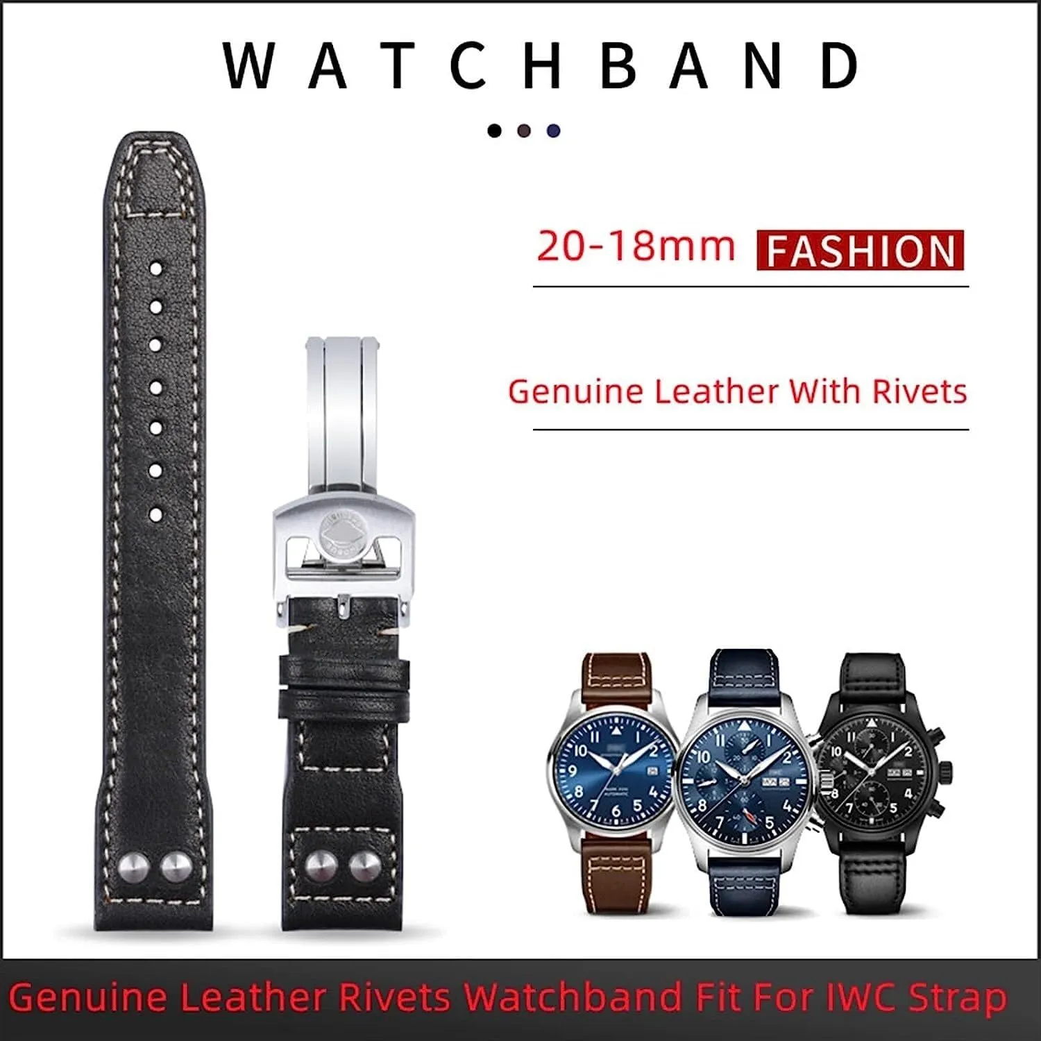 20mm Soft Genuine Rivet Leather Strap For IWC Strap For Big PILOT Mark 18 Portofino Watch Band Accessories