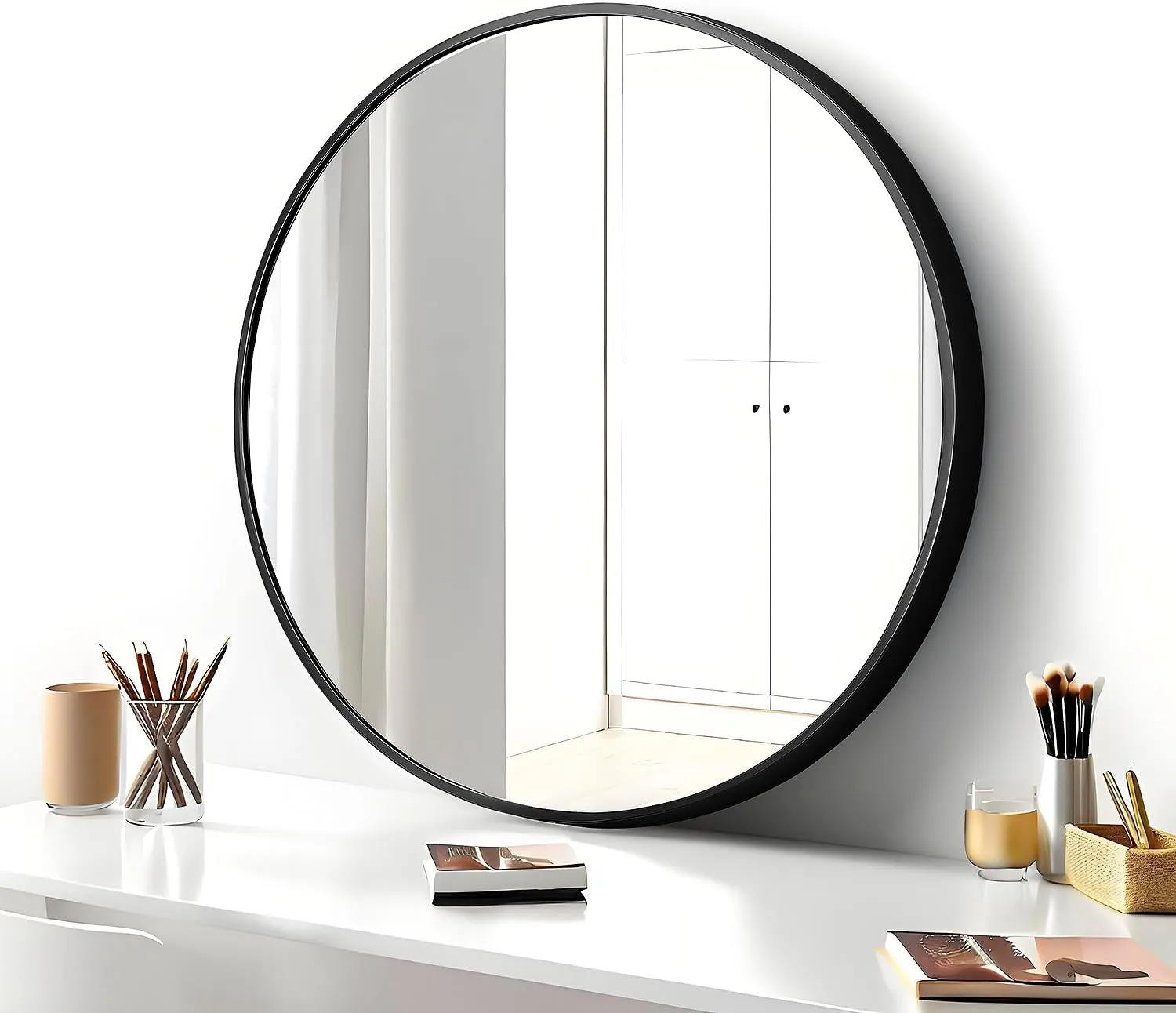 20" Round Mirror Circle Wall Mounted Hanging or Against Wall Metal Frame Dressing Make-up Mirrors for Entryway Bedroom Bathroom Living Room 20 inch Black