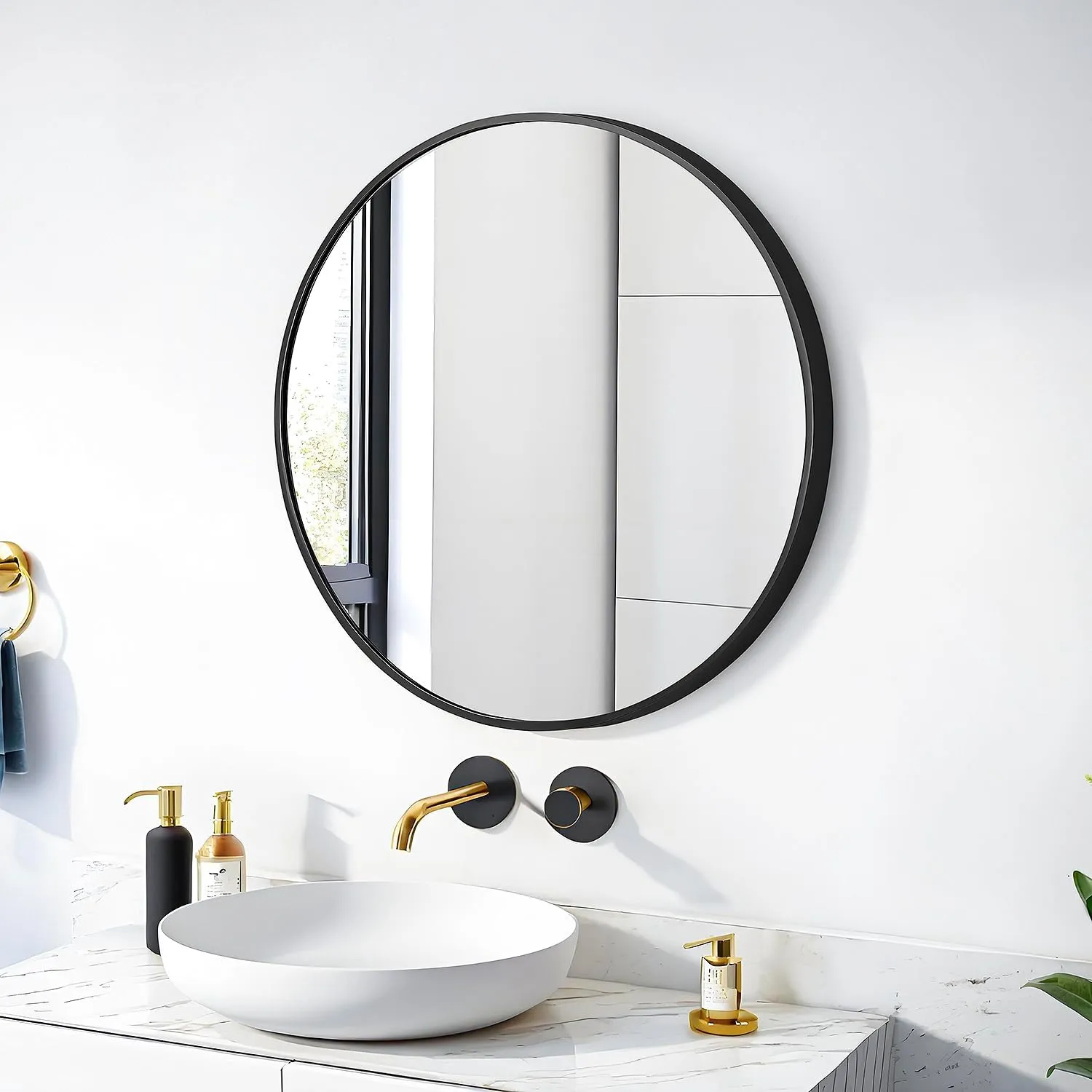 20" Round Mirror Circle Wall Mounted Hanging or Against Wall Metal Frame Dressing Make-up Mirrors for Entryway Bedroom Bathroom Living Room 20 inch Black