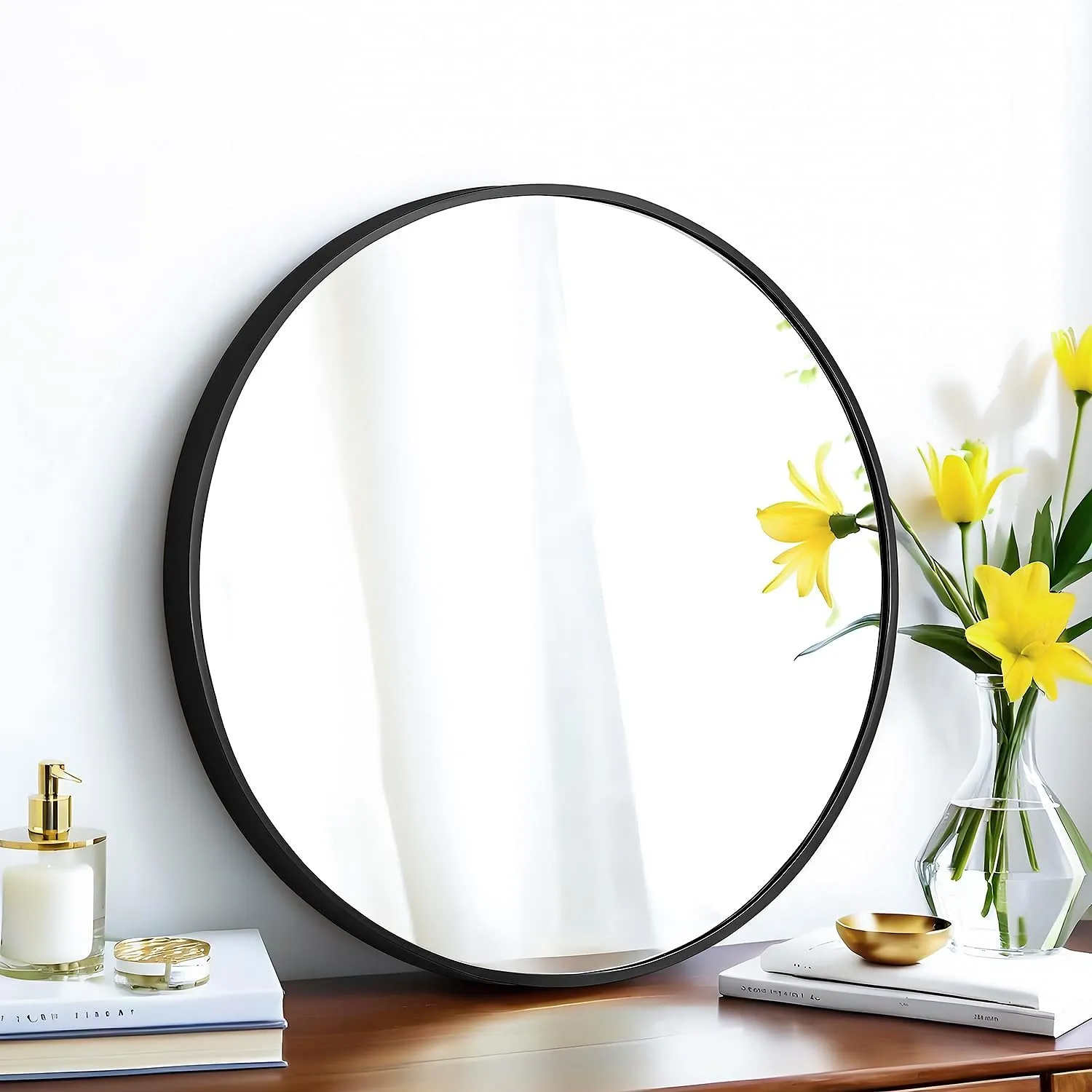 20" Round Mirror Circle Wall Mounted Hanging or Against Wall Metal Frame Dressing Make-up Mirrors for Entryway Bedroom Bathroom Living Room 20 inch Black
