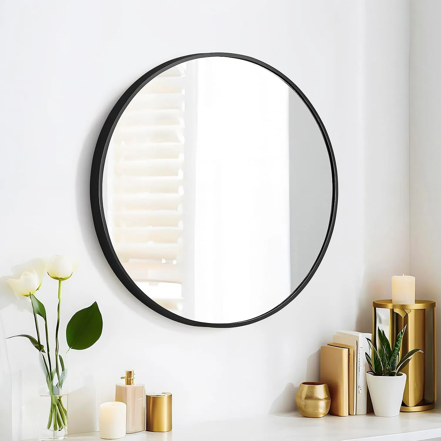 20" Round Mirror Circle Wall Mounted Hanging or Against Wall Metal Frame Dressing Make-up Mirrors for Entryway Bedroom Bathroom Living Room 20 inch Black