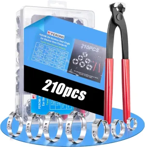 210PCS 304 Stainless Steel Single Ear Hose Clamp Assortment Kit - 12 Sizes (6-36.1mm) Stepless Adjustable Cinch Clamps with Pincer Tool for Automotive, Plumbing, Garden & Industrial Use
