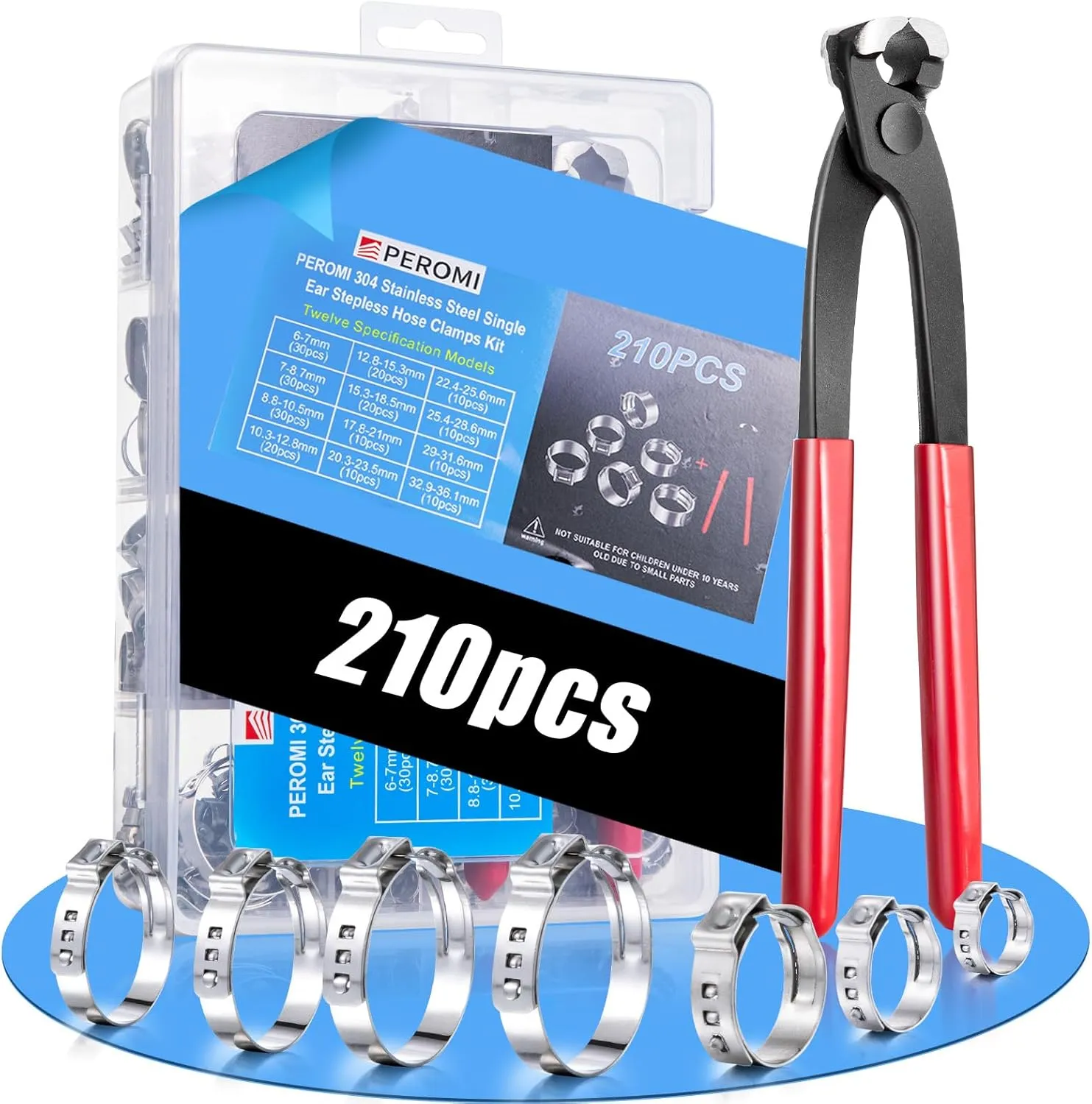 210PCS 304 Stainless Steel Single Ear Hose Clamp Assortment Kit - 12 Sizes (6-36.1mm) Stepless Adjustable Cinch Clamps with Pincer Tool for Automotive, Plumbing, Garden & Industrial Use