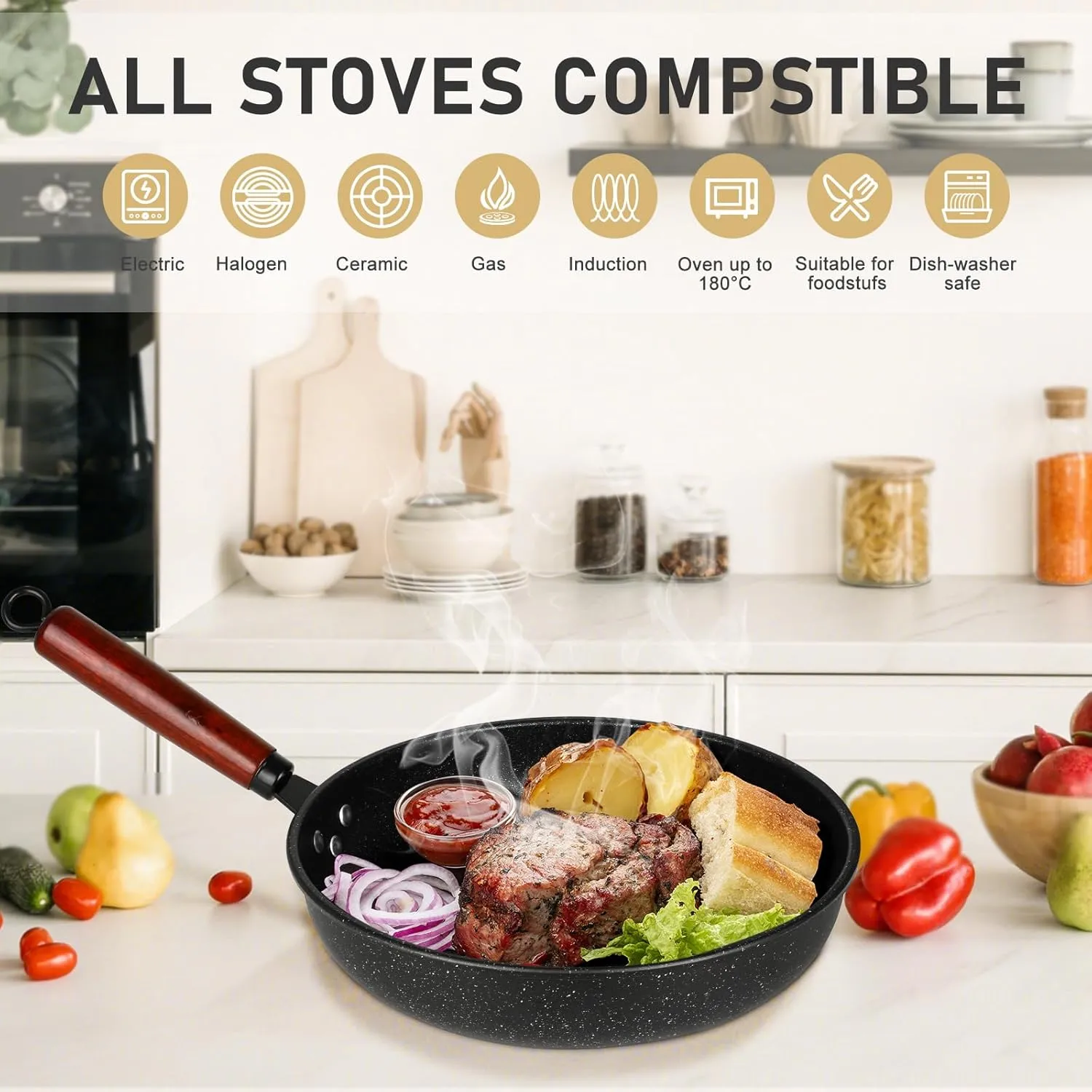 22 Piece Nonstick Cookware Sets Medical Stone Coating, Oven & Dishwasher Safe, Compatible with All Stovetops (Gas, Electric), Lightweight & Stylish Farmhouse Design, Black, Ideal for Everyday Cooking