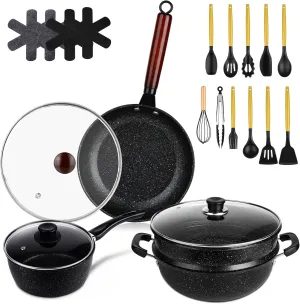 22 Piece Nonstick Cookware Sets Medical Stone Coating, Oven & Dishwasher Safe, Compatible with All Stovetops (Gas, Electric), Lightweight & Stylish Farmhouse Design, Black, Ideal for Everyday Cooking