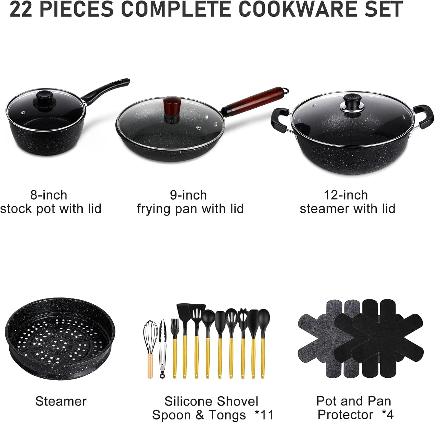 22 Piece Nonstick Cookware Sets Medical Stone Coating, Oven & Dishwasher Safe, Compatible with All Stovetops (Gas, Electric), Lightweight & Stylish Farmhouse Design, Black, Ideal for Everyday Cooking