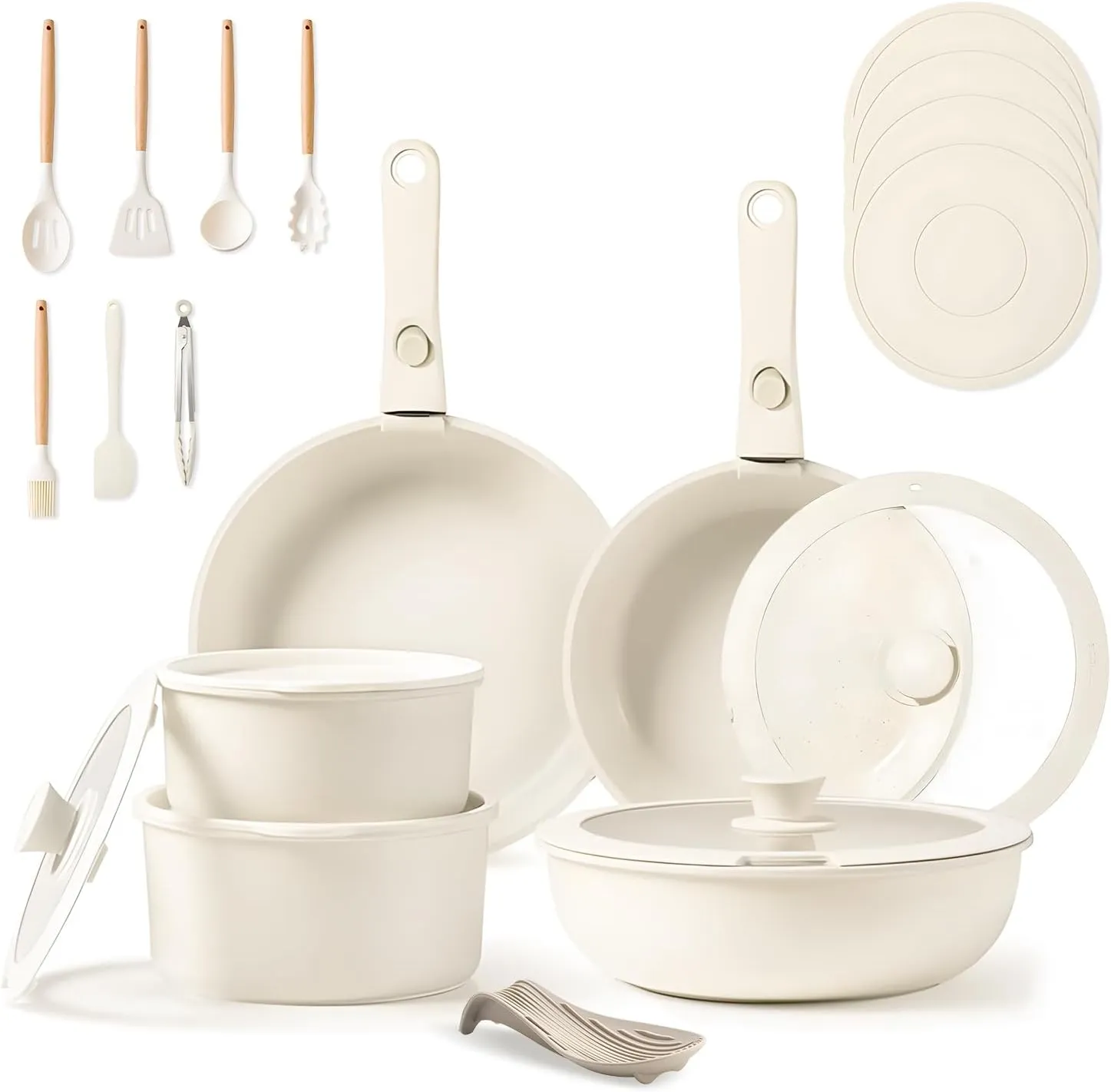 24 Pcs Pots and Pans Set Non Stick removable handle pots and pans pots and pans detachable handle kitchen cookware sets Oven Safe, Induction Ready, Stackable Non-stick Set, Cream White