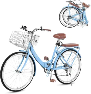 24/26 Inch Beach Cruiser Bike for Women Folding Bikes, 7-Speed Womens Bike with Basket and Coffee Cup, Womens Foldable Bicycle Commuter Bikes for Adults, Adjustable Seat & Dual V-Type Brakes