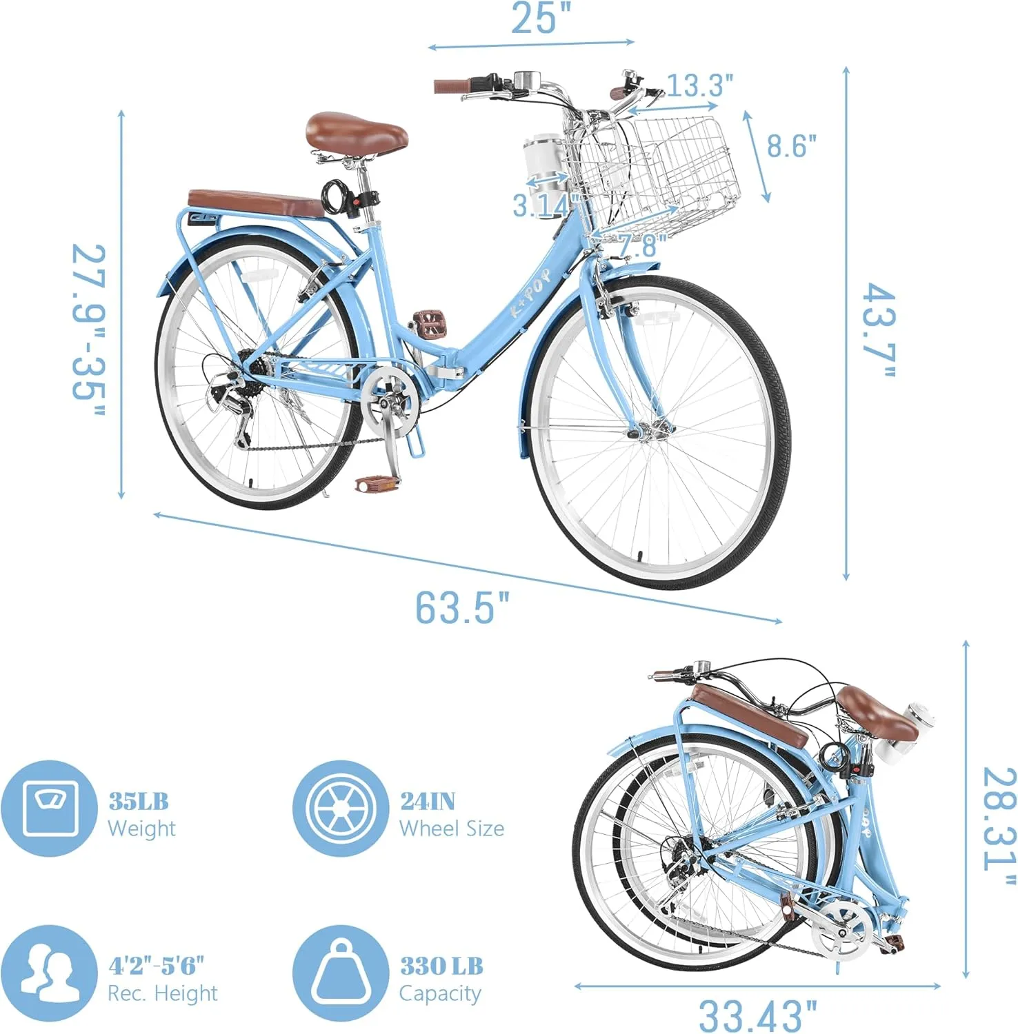 24/26 Inch Beach Cruiser Bike for Women Folding Bikes, 7-Speed Womens Bike with Basket and Coffee Cup, Womens Foldable Bicycle Commuter Bikes for Adults, Adjustable Seat & Dual V-Type Brakes