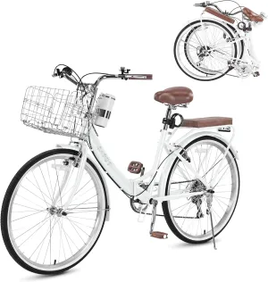 24/26 Inch Beach Cruiser Bike for Women Folding Bikes, 7-Speed Womens Bike with Basket and Coffee Cup, Womens Foldable Bicycle Commuter Bikes for Adults, Adjustable Seat & Dual V-Type Brakes