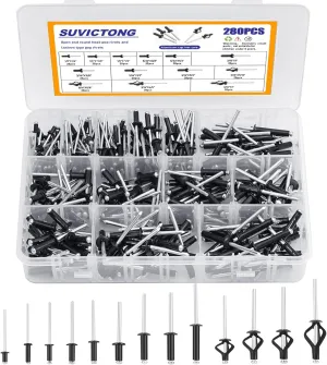 280pcs Black Pop Rivets Assortment Kit, SUVICTONG Aluminum Blind Rivets, (1/8" 5/32" 3/16") 13 Sizes Tri-fold Exploding Pop Rivet for Kayak Marine Boat