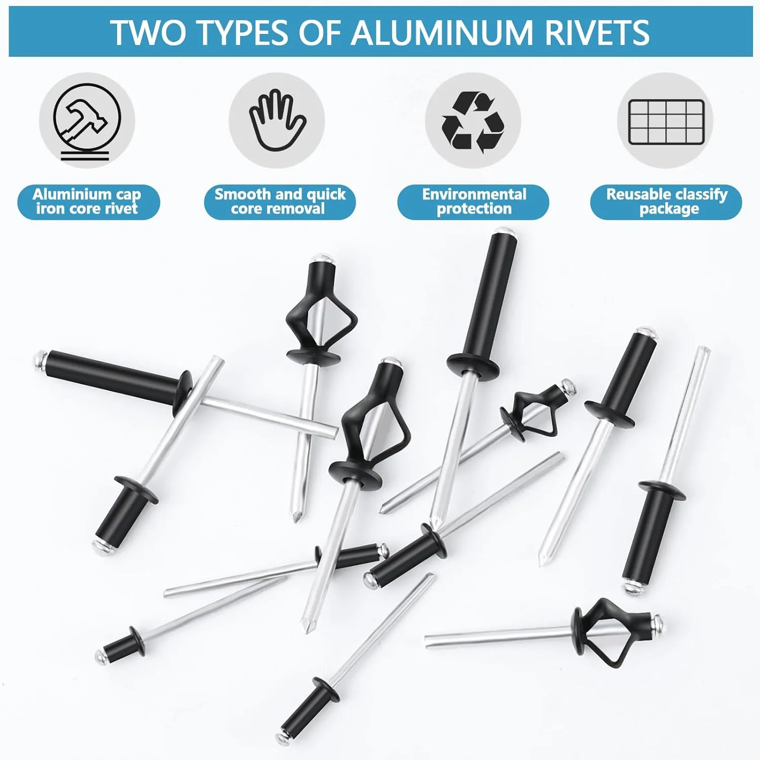 280pcs Black Pop Rivets Assortment Kit, SUVICTONG Aluminum Blind Rivets, (1/8" 5/32" 3/16") 13 Sizes Tri-fold Exploding Pop Rivet for Kayak Marine Boat