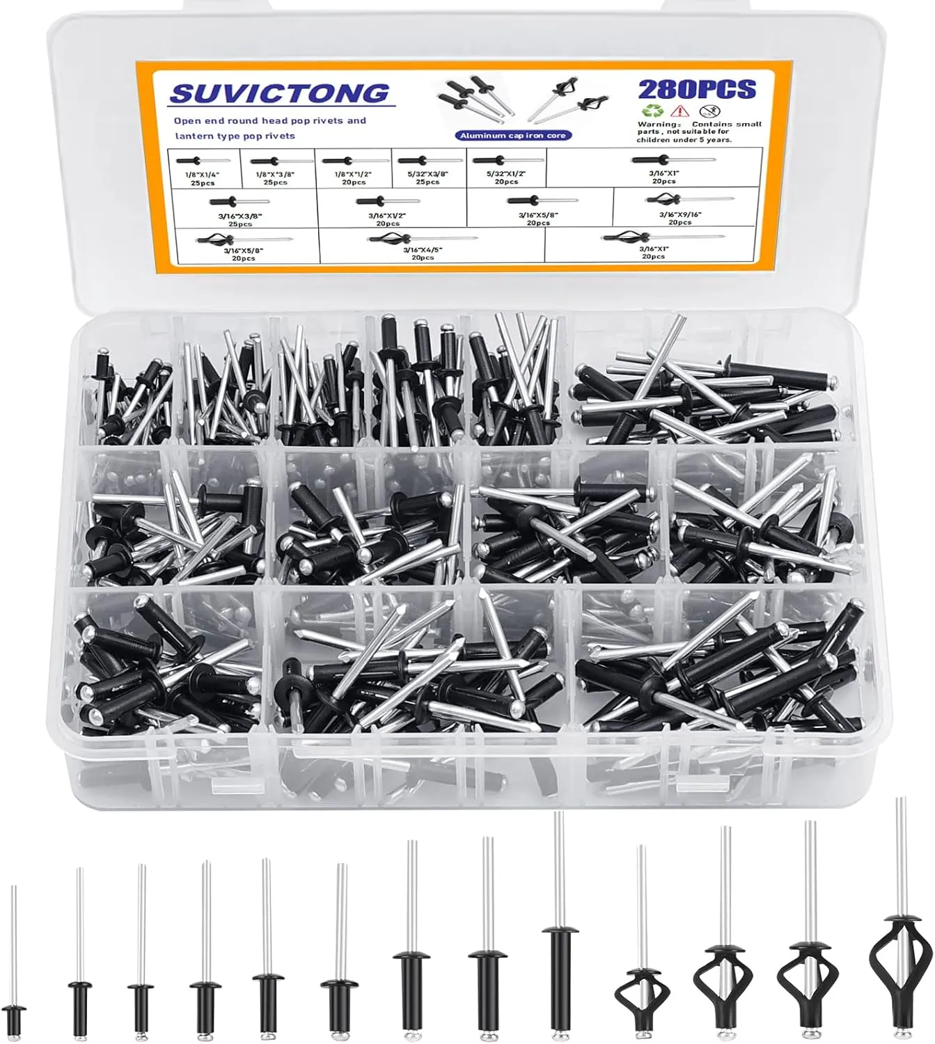 280pcs Black Pop Rivets Assortment Kit, SUVICTONG Aluminum Blind Rivets, (1/8" 5/32" 3/16") 13 Sizes Tri-fold Exploding Pop Rivet for Kayak Marine Boat