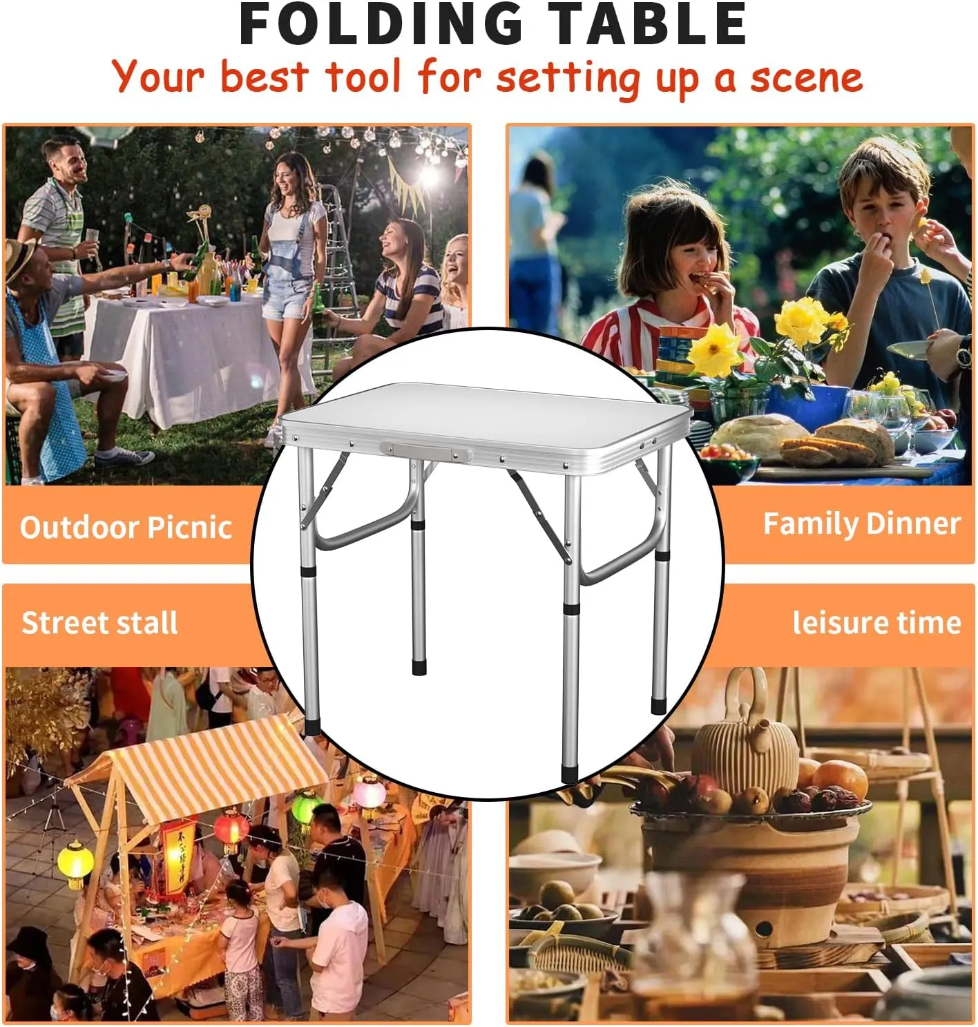 2ft Folding Camping Table Trestle Table with Adjustable Height(60x45x26cm/56cm), Portable Foldable Picnic Tables for Outdoor Indoor Kitchen Garden Party Dinning, with Carrying Handle, Easy to Clean