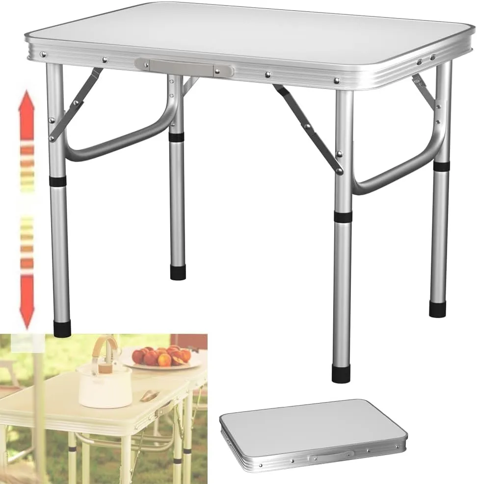 2ft Folding Camping Table Trestle Table with Adjustable Height(60x45x26cm/56cm), Portable Foldable Picnic Tables for Outdoor Indoor Kitchen Garden Party Dinning, with Carrying Handle, Easy to Clean