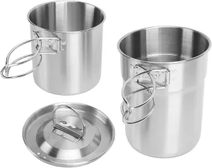 2pcs 304 Stainless Steel Camping Pots with Foldable Handle, Camping Cups and Mugs Pot, Lightweight Outdoor Cookware Set with Vented Lid for Backpacking, Picnic, Hiking