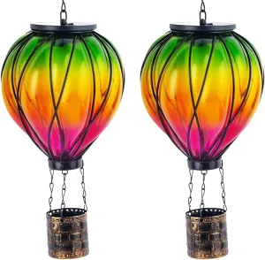 2PCS Colorful Solar Hot Air Balloon Lanterns with Flickering Flame LED Glass Hot Air Balloon Solar Lanterns Outdoor Waterproof Hanging Lights for Yard Garden Decor Mother Day Gifts for Women