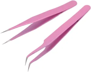 2pcs Pink Stainless Steel Tweezers Straight Curved Pick Up Tools Eyelash Extension Pointed Nipper Clip Manicure Nail Art Tool