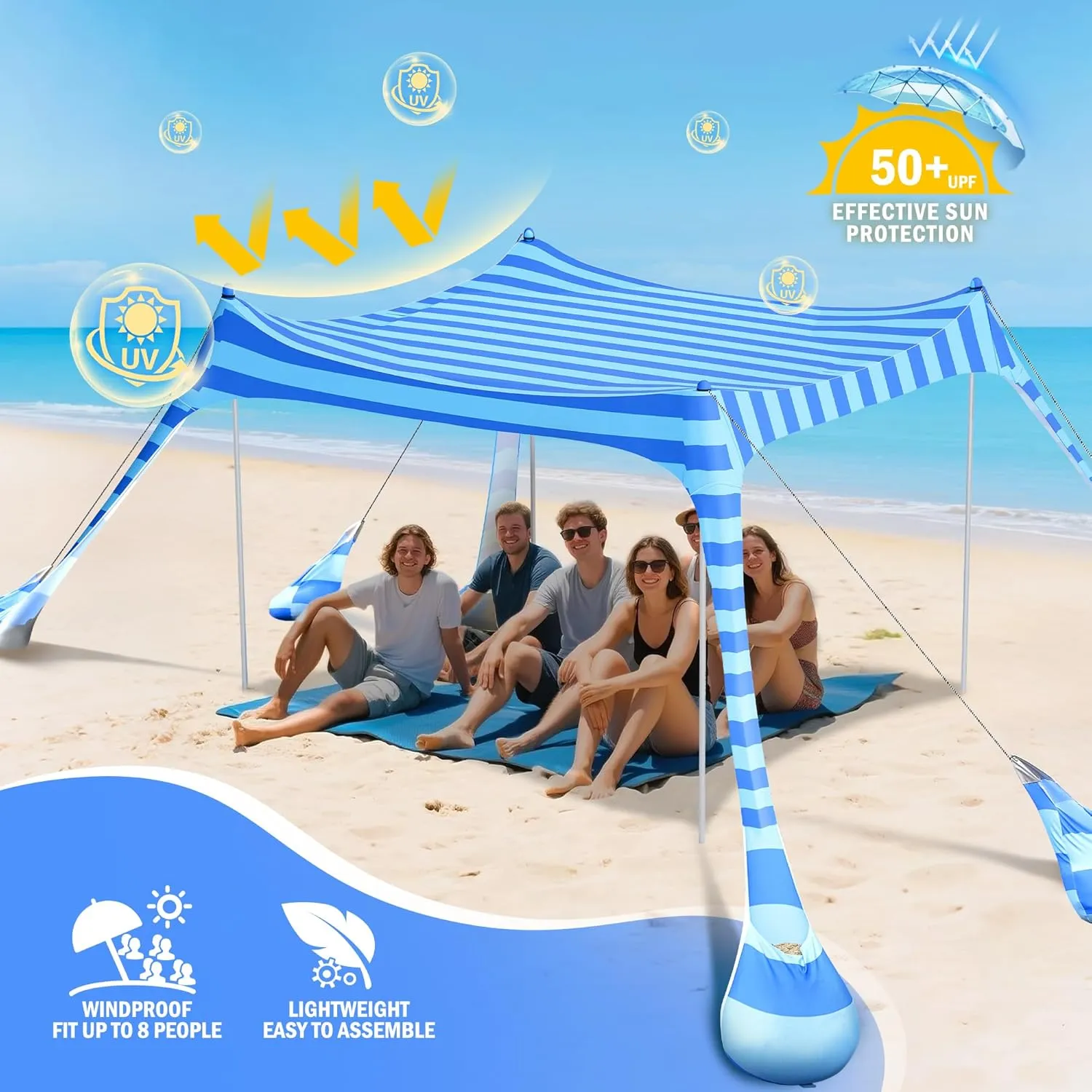 2PM SPORTS Beach Tent Conopy with UPF50 , Outdoor Large Beach Sun Shade Shelter for Family Picnic Camping Travel Shore, 8 Sandbags, Sand Shovel, Portable Ground Pegs (Striped Blue, 10x10 FT)