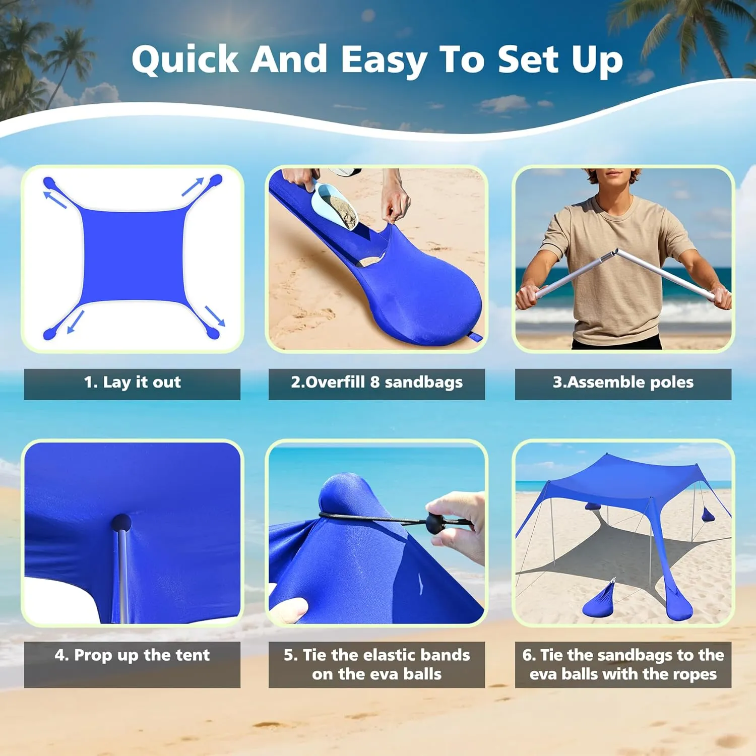 2PM SPORTS Beach Tent Conopy with UPF50 , Outdoor Large Beach Sun Shade Shelter for Family Picnic Camping Travel Shore, 8 Sandbags, Sand Shovel, Portable Ground Pegs (Striped Blue, 10x10 FT)
