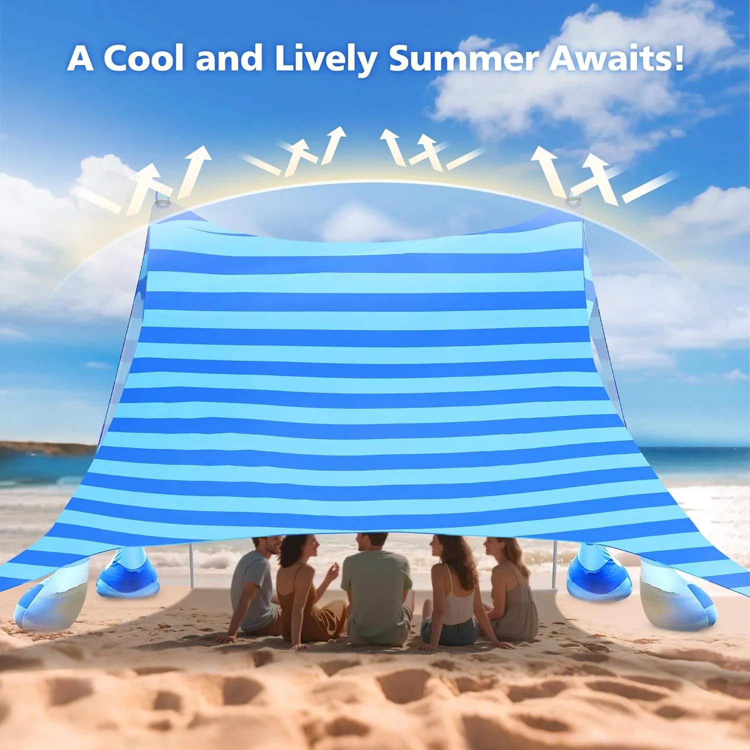 2PM SPORTS Beach Tent Conopy with UPF50 , Outdoor Large Beach Sun Shade Shelter for Family Picnic Camping Travel Shore, 8 Sandbags, Sand Shovel, Portable Ground Pegs (Striped Blue, 10x10 FT)