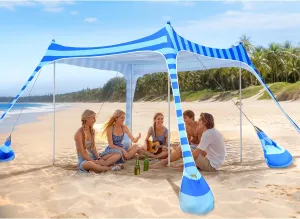 2PM SPORTS Beach Tent Conopy with UPF50 , Outdoor Large Beach Sun Shade Shelter for Family Picnic Camping Travel Shore, 8 Sandbags, Sand Shovel, Portable Ground Pegs (Striped Blue, 10x10 FT)