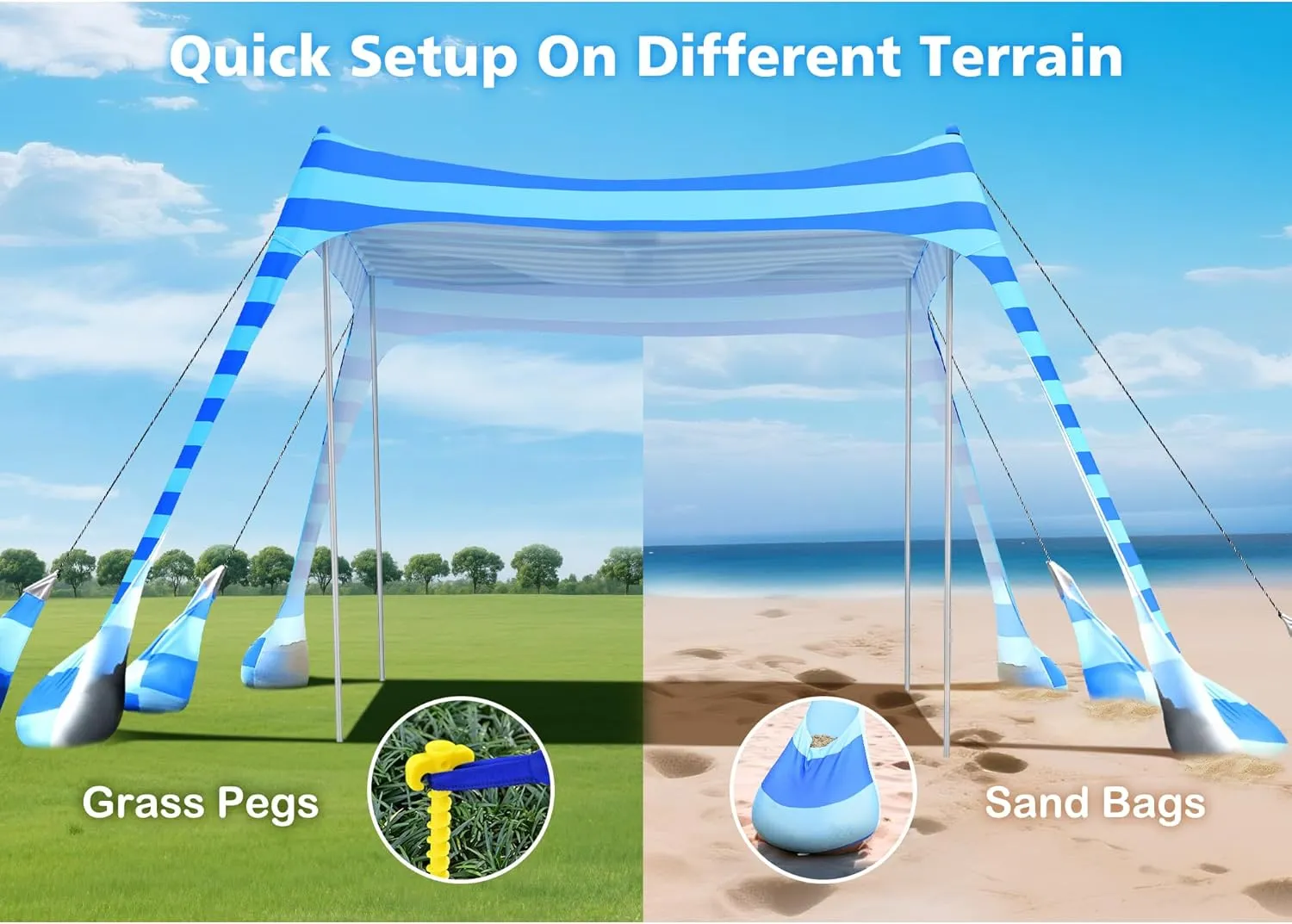 2PM SPORTS Beach Tent Conopy with UPF50 , Outdoor Large Beach Sun Shade Shelter for Family Picnic Camping Travel Shore, 8 Sandbags, Sand Shovel, Portable Ground Pegs (Striped Blue, 10x10 FT)