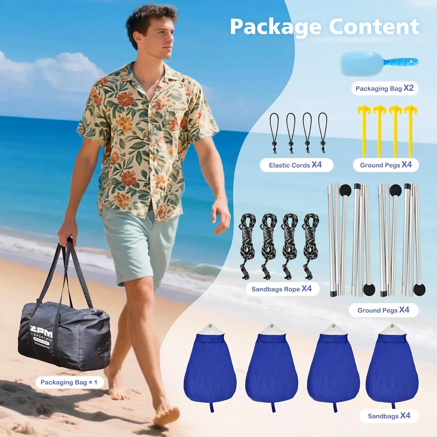 2PM SPORTS Beach Tent Conopy with UPF50 , Outdoor Large Beach Sun Shade Shelter for Family Picnic Camping Travel Shore, 8 Sandbags, Sand Shovel, Portable Ground Pegs (Striped Blue, 10x10 FT)