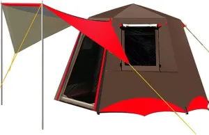 3-4 Person Automatic Tent with Porch Camping Pop Up Tent with 2 Door and 2 Double Layer Instant Family Tent for Camping Outdoor Hiking, Easy Set Up (Red 5) (Red 3)