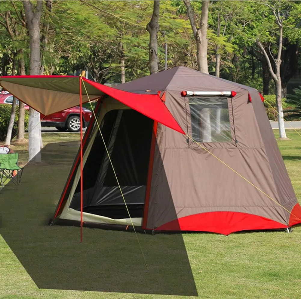 3-4 Person Automatic Tent with Porch Camping Pop Up Tent with 2 Door and 2 Double Layer Instant Family Tent for Camping Outdoor Hiking, Easy Set Up (Red 5) (Red 3)