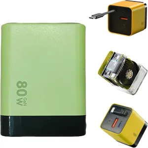 3 in 1 GaN Charger, Scalable 80W MAX Fast Charger Module with Type-C Cable and 2 USB Ports, Retractable Phone Charger Wall Plug (Green)