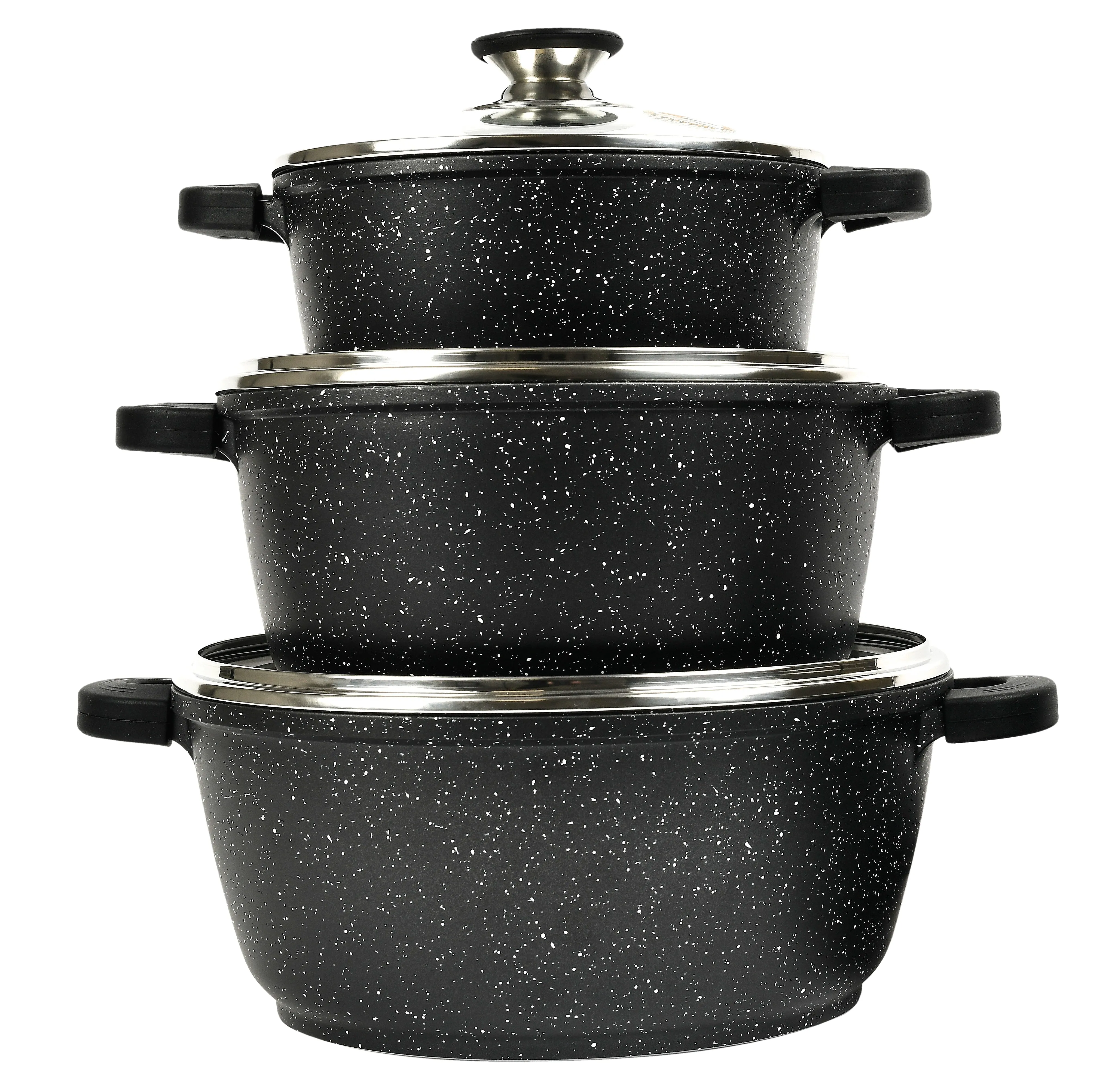 3 Piece Casserole Set - Oven-Safe - Non-Stick Stone-Like Coating & Removable Silicone Handles for Burn-Free Handling. All with Glass Lid.
