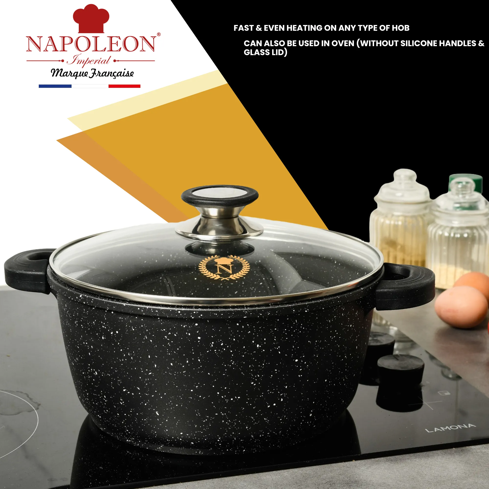 3 Piece Casserole Set - Oven-Safe - Non-Stick Stone-Like Coating & Removable Silicone Handles for Burn-Free Handling. All with Glass Lid.