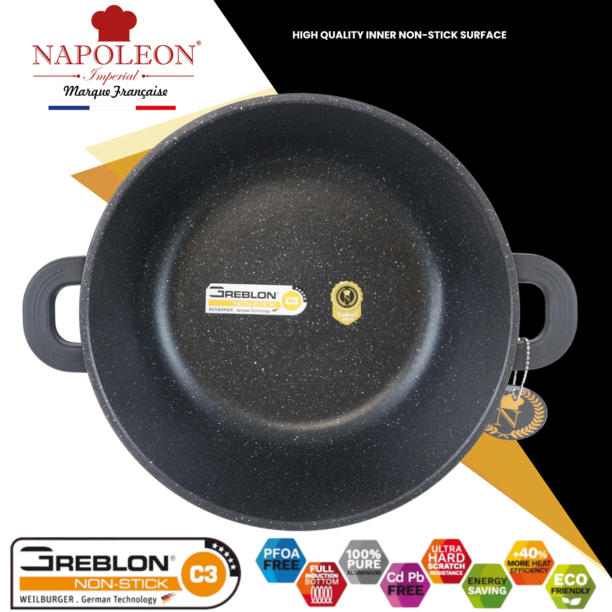 3 Piece Casserole Set - Oven-Safe - Non-Stick Stone-Like Coating & Removable Silicone Handles for Burn-Free Handling. All with Glass Lid.