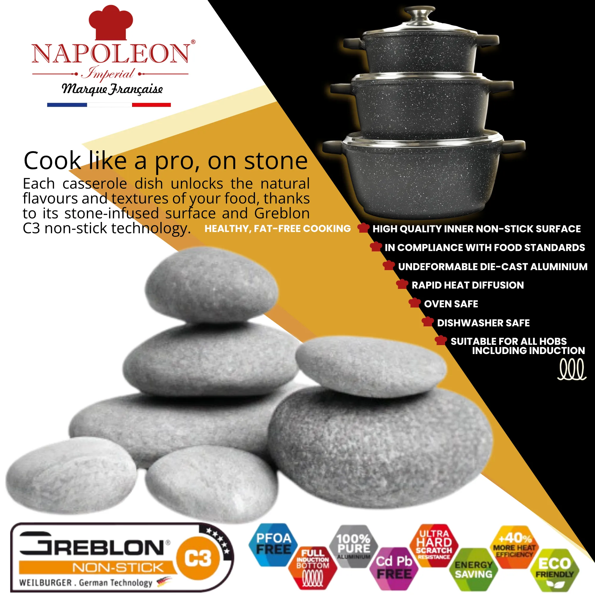3 Piece Casserole Set - Oven-Safe - Non-Stick Stone-Like Coating & Removable Silicone Handles for Burn-Free Handling. All with Glass Lid.