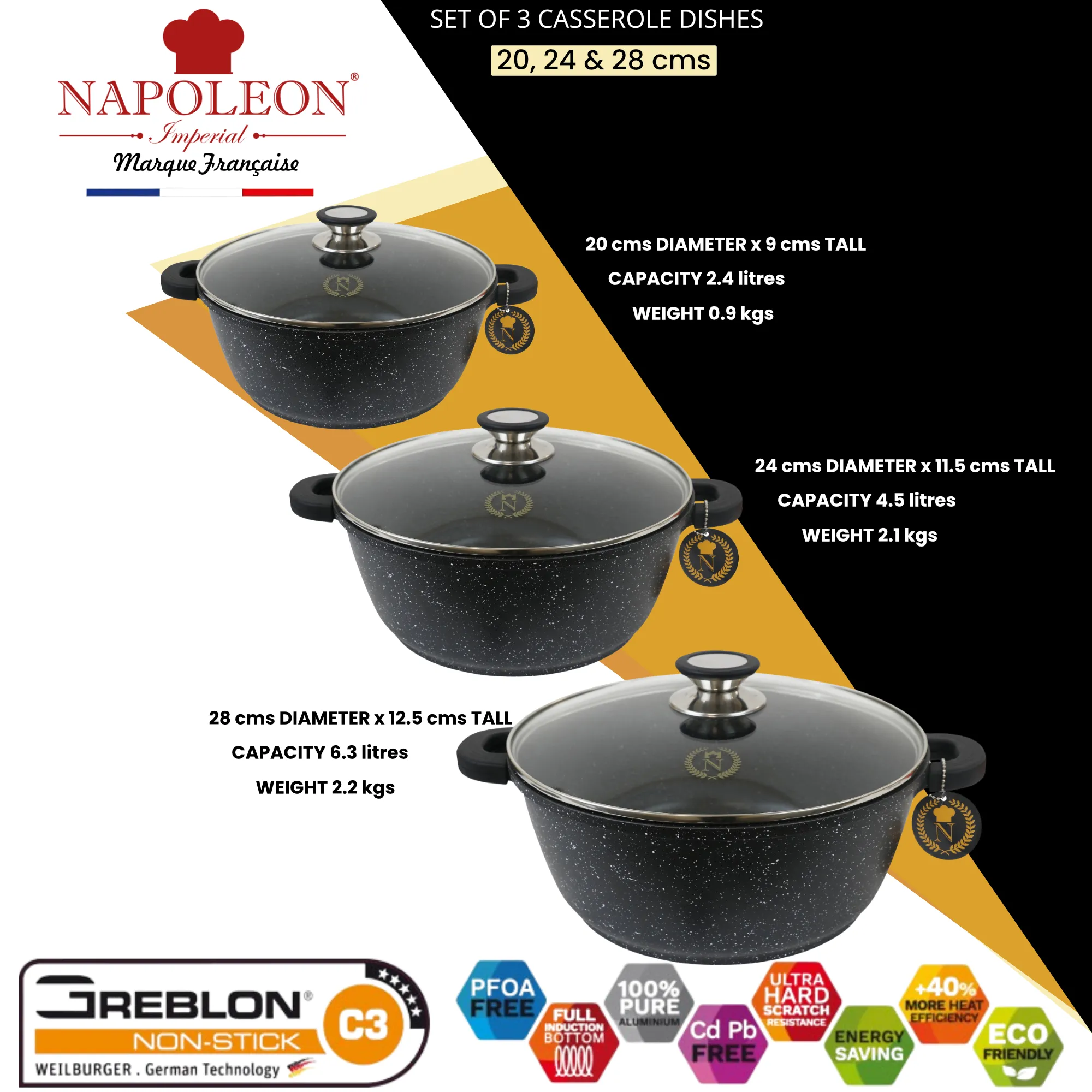 3 Piece Casserole Set - Oven-Safe - Non-Stick Stone-Like Coating & Removable Silicone Handles for Burn-Free Handling. All with Glass Lid.