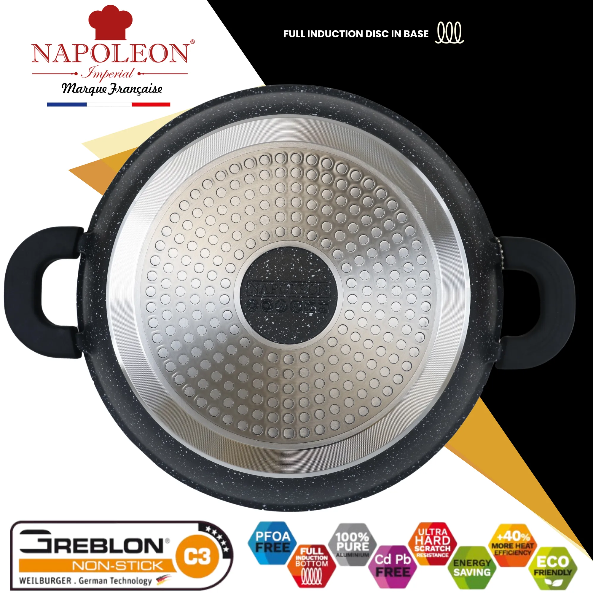 3 Piece Casserole Set - Oven-Safe - Non-Stick Stone-Like Coating & Removable Silicone Handles for Burn-Free Handling. All with Glass Lid.