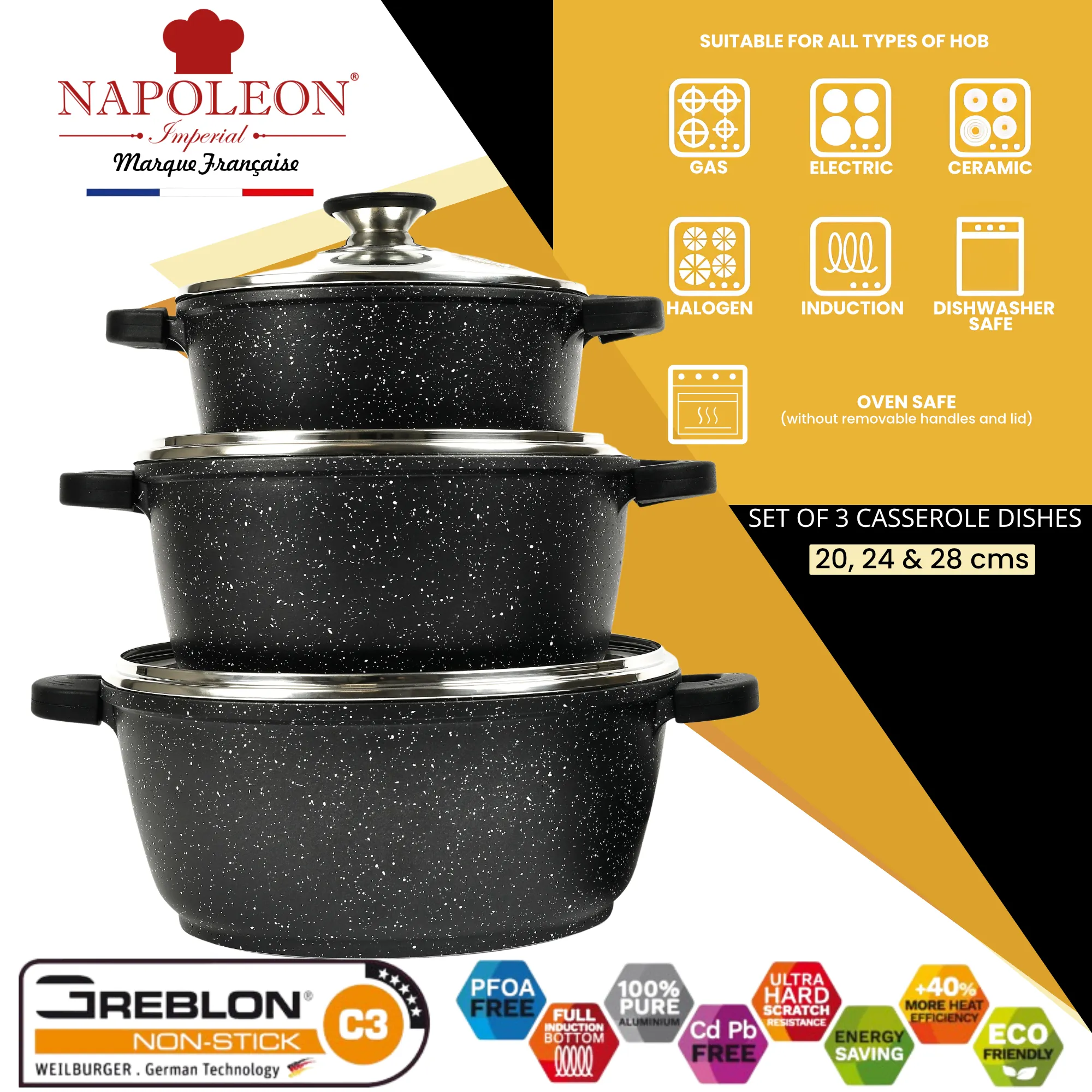 3 Piece Casserole Set - Oven-Safe - Non-Stick Stone-Like Coating & Removable Silicone Handles for Burn-Free Handling. All with Glass Lid.
