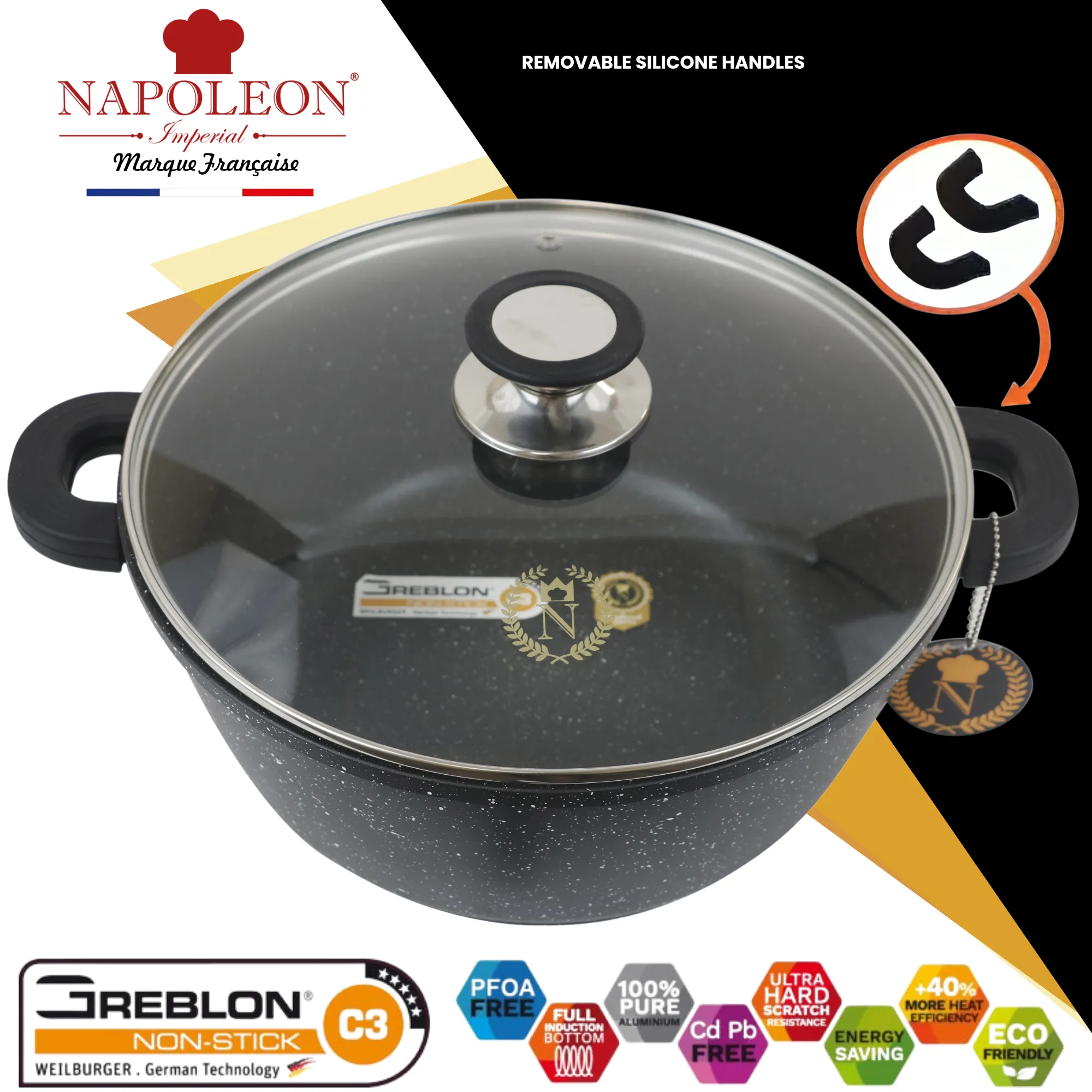 3 Piece Casserole Set - Oven-Safe - Non-Stick Stone-Like Coating & Removable Silicone Handles for Burn-Free Handling. All with Glass Lid.