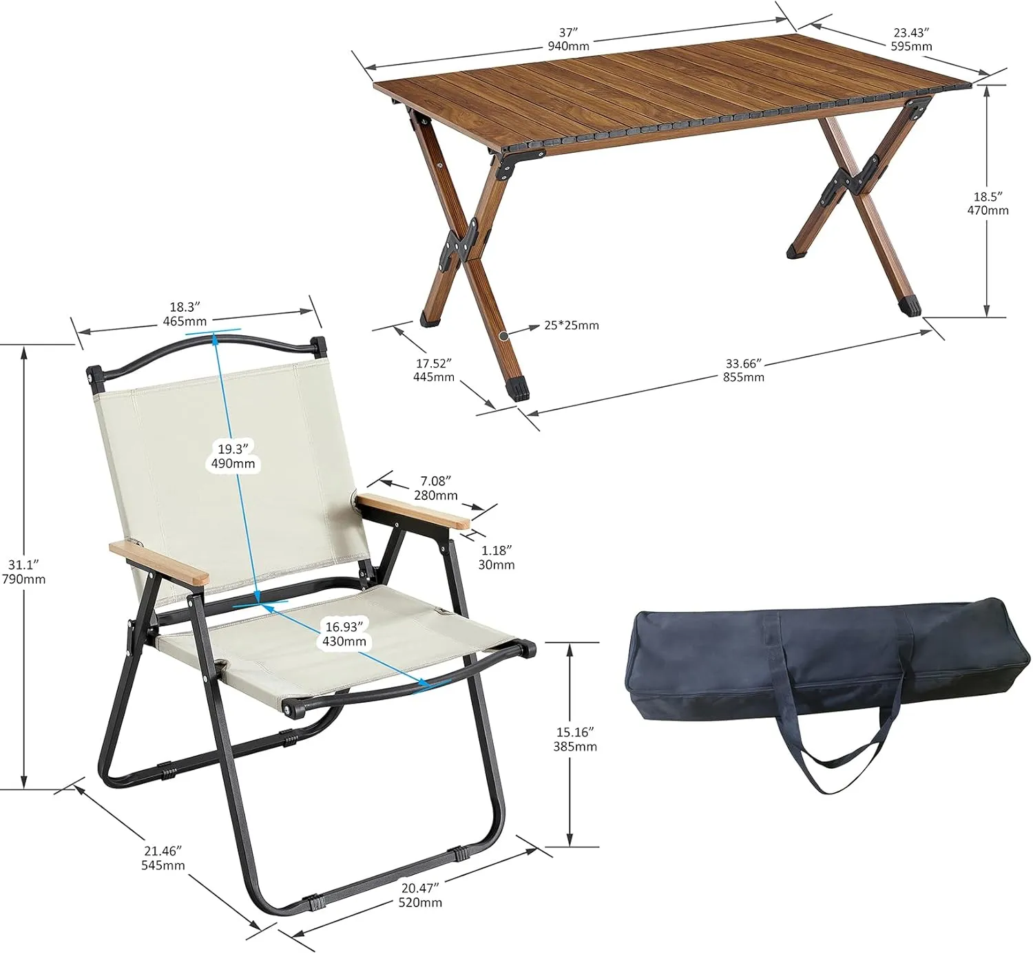 3-Piece Outdoor Folding Camping Table and Two Camping Chairs, Lightweight Aluminum Roll-up Rectangular Folding Table for Indoor, Outdoor Camping, Picnics, Beach,Backyard, BBQ, Party, Patio