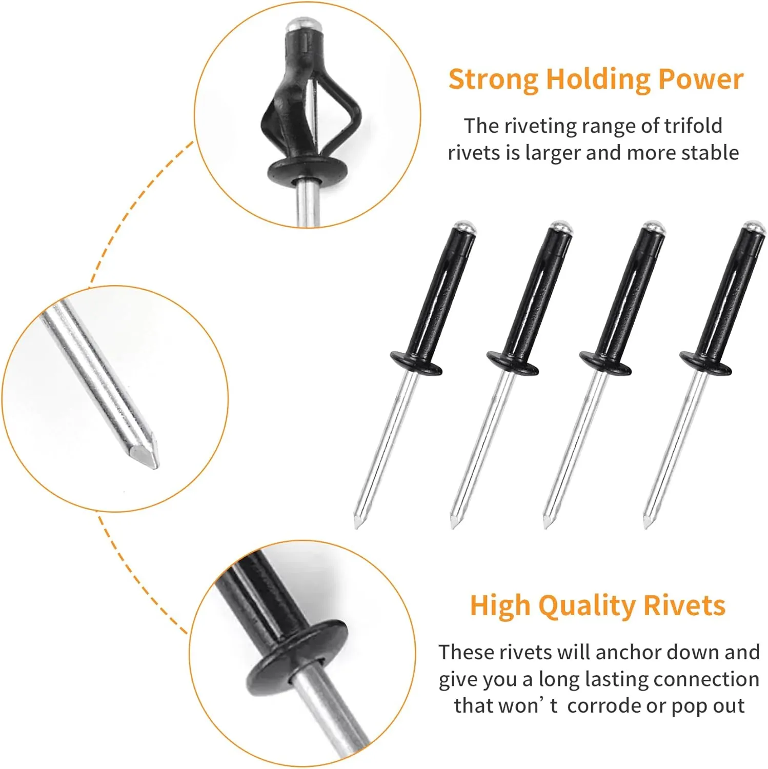 3/16" x 1" Tri-Fold Rivets Assortment - 120Pcs,Black Tri-fold Exploding Pop Rivets Solid Aluminum Tri Grip Rivets Bulb Style Rivets for Kayak Marine Boat