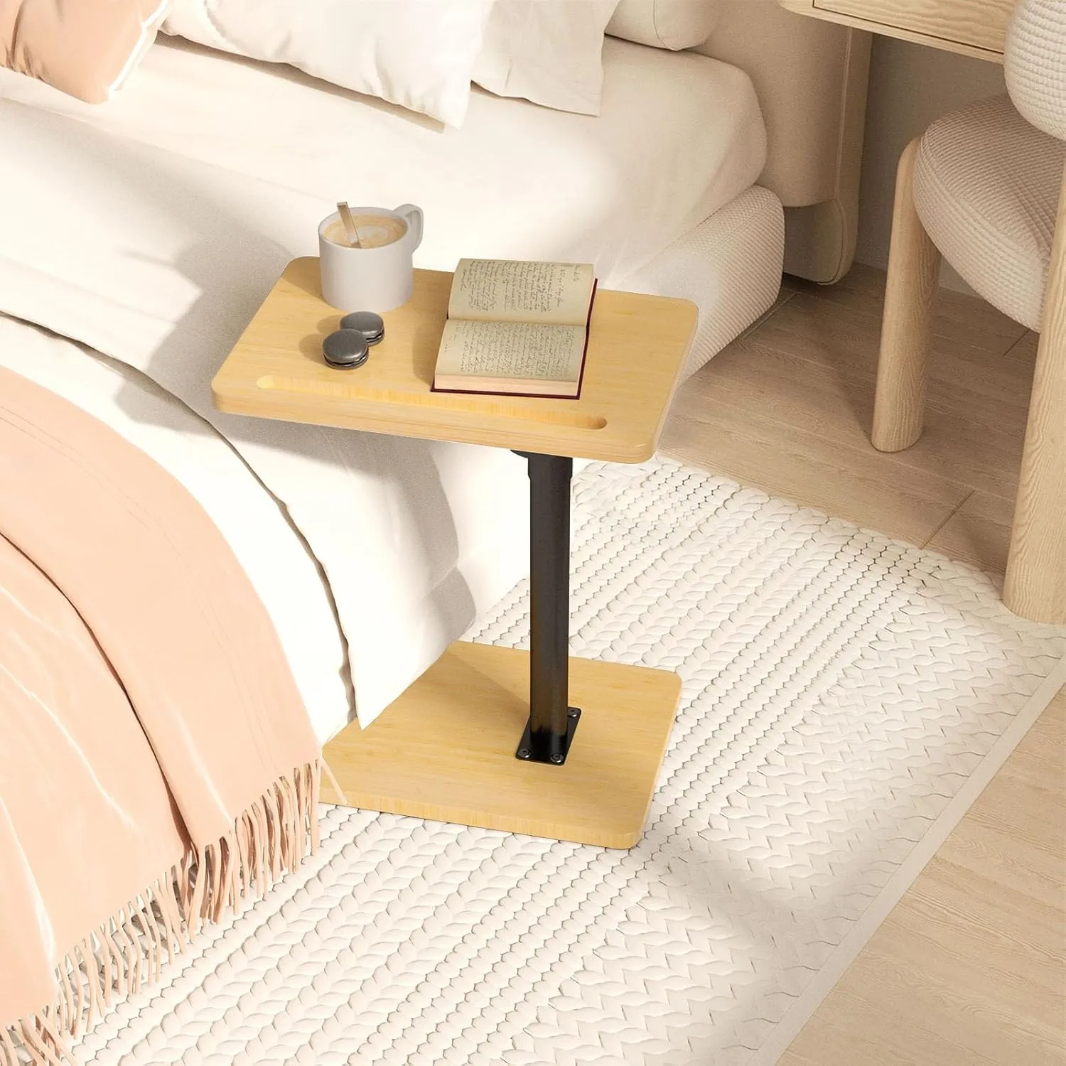 360° Rotatable Sofa Tray Table for Couch Arm - Height Adjustable End Table for Bed or Chair with Phone & Tablet Slots, TV Tray Table, Side Table Tray for Small Spaces（Bamboo,Rectangle）