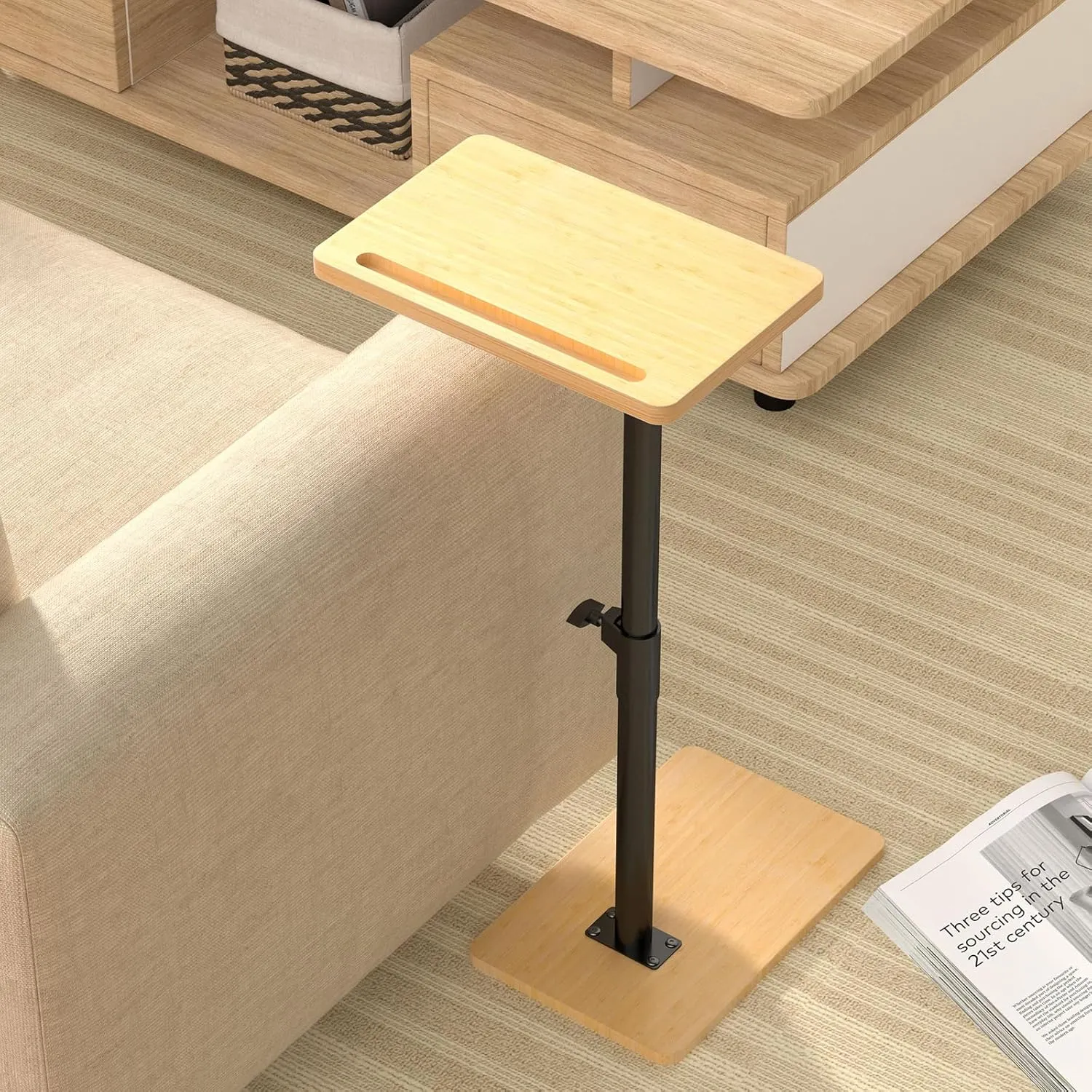 360° Rotatable Sofa Tray Table for Couch Arm - Height Adjustable End Table for Bed or Chair with Phone & Tablet Slots, TV Tray Table, Side Table Tray for Small Spaces（Bamboo,Rectangle）