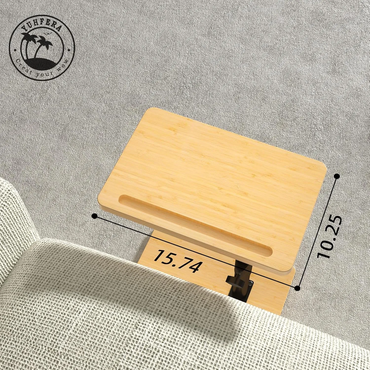 360° Rotatable Sofa Tray Table for Couch Arm - Height Adjustable End Table for Bed or Chair with Phone & Tablet Slots, TV Tray Table, Side Table Tray for Small Spaces（Bamboo,Rectangle）