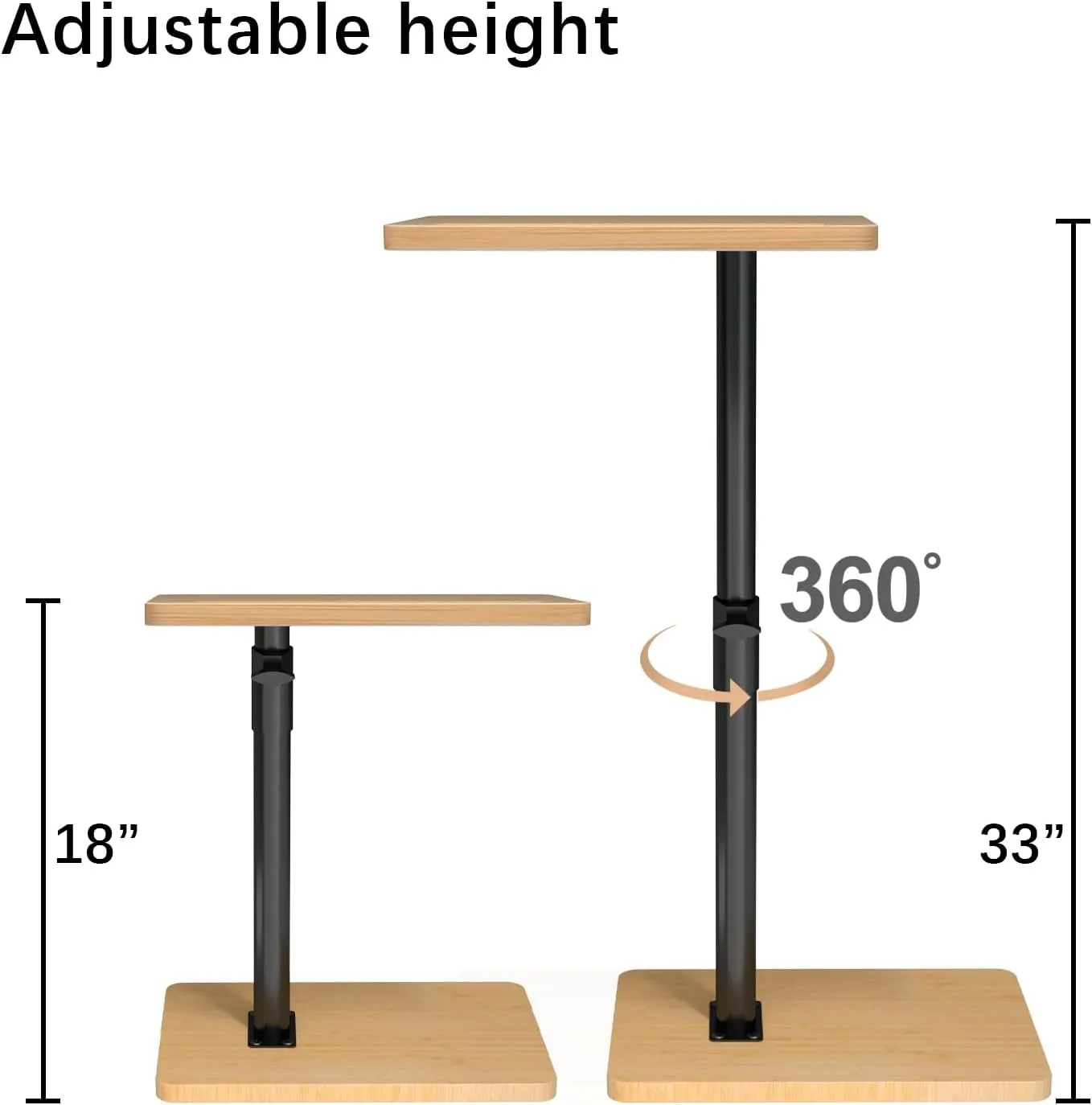 360° Rotatable Sofa Tray Table for Couch Arm - Height Adjustable End Table for Bed or Chair with Phone & Tablet Slots, TV Tray Table, Side Table Tray for Small Spaces（Bamboo,Rectangle）