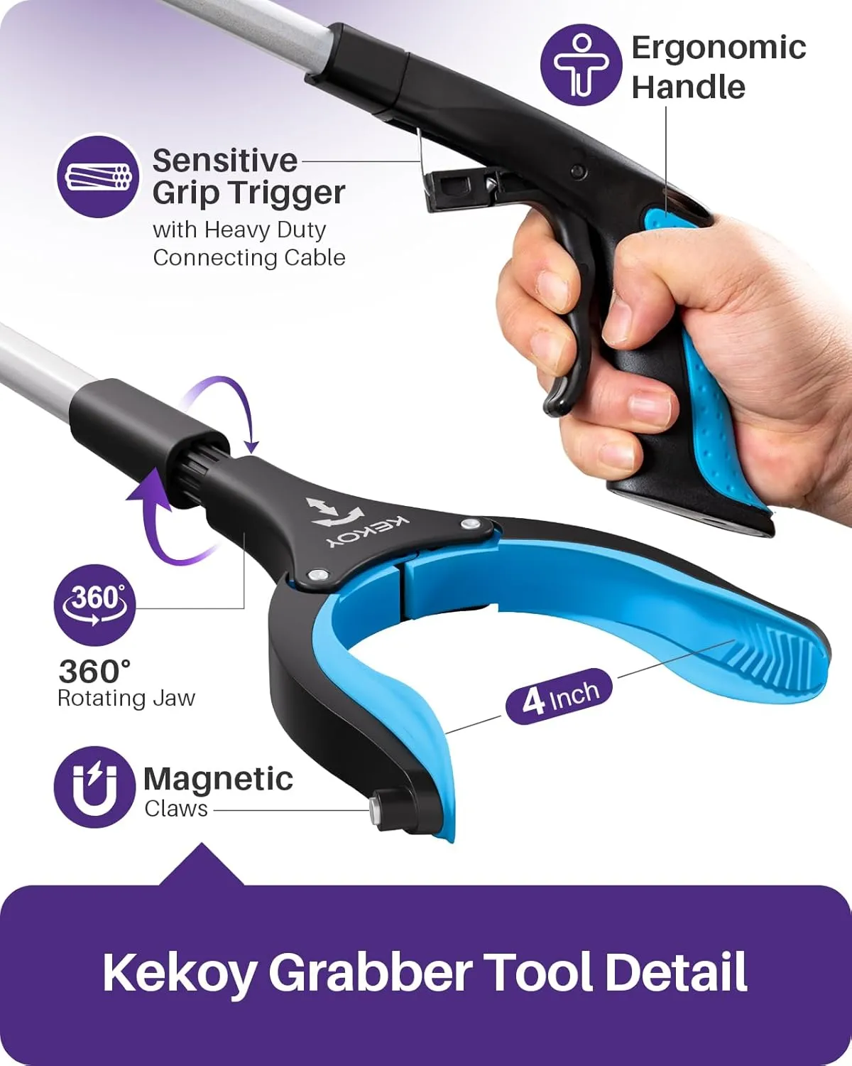 36inch Grabber Reacher Tool for Seniors, Foldable Reacher Grabbers Pickup Stick with Anti-Slip 360° Rotating Jaw, 4" Wide Extended Claw with Magnet for Disabled, After Surgery Recovery