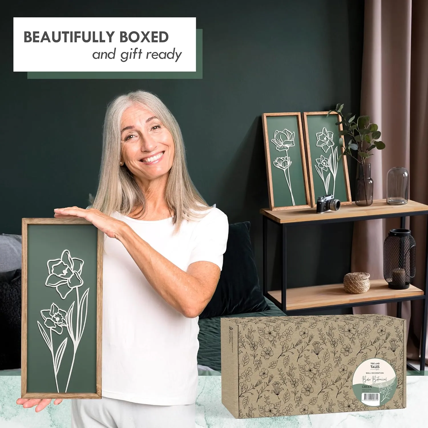 3D Floral Green Wall Art (Set of 2) Lightweight, Wooden Ready-to-Hang Boho Framed Wall Art for Bathroom, Bedroom, Living Room or Office – Premium Sage Green Farmhouse Decor – Gift-Boxed
