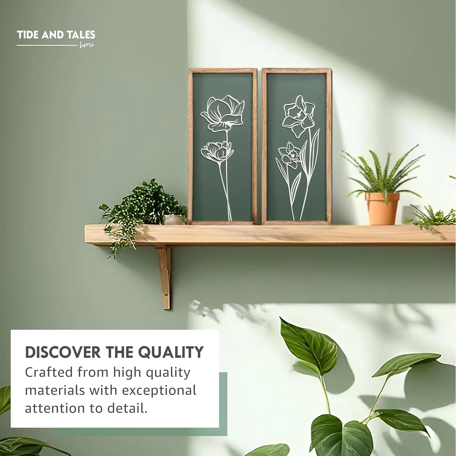 3D Floral Green Wall Art (Set of 2) Lightweight, Wooden Ready-to-Hang Boho Framed Wall Art for Bathroom, Bedroom, Living Room or Office – Premium Sage Green Farmhouse Decor – Gift-Boxed