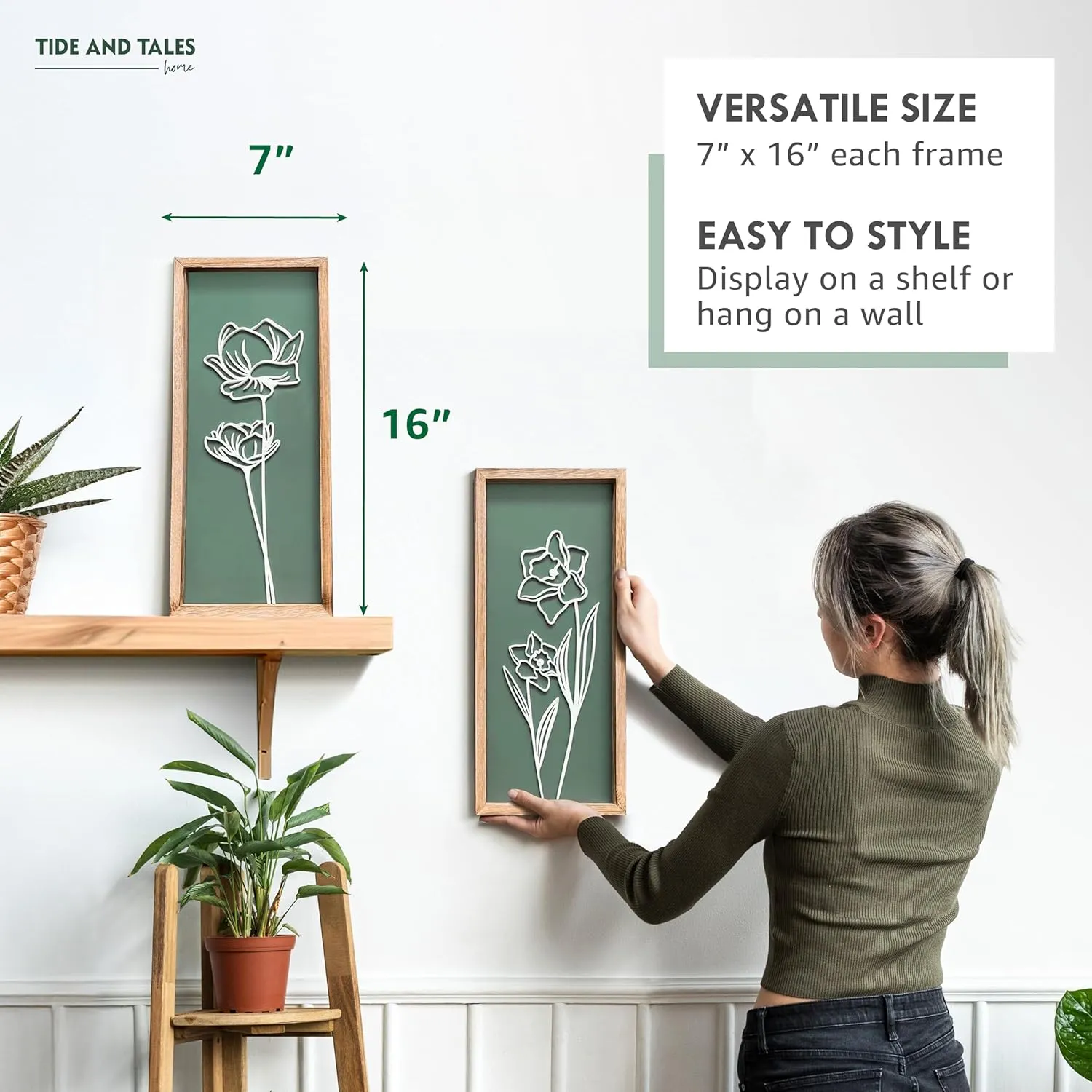 3D Floral Green Wall Art (Set of 2) Lightweight, Wooden Ready-to-Hang Boho Framed Wall Art for Bathroom, Bedroom, Living Room or Office – Premium Sage Green Farmhouse Decor – Gift-Boxed