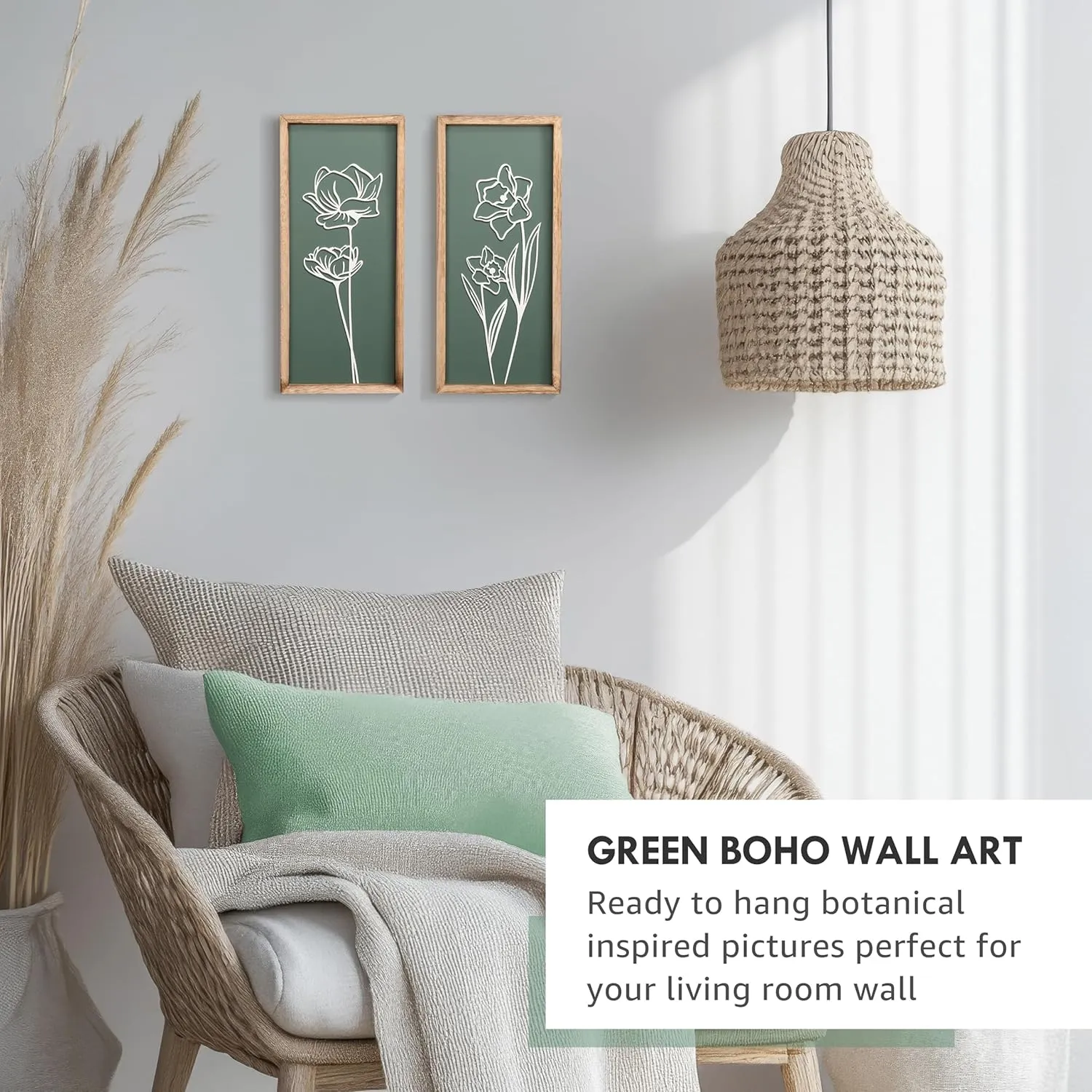 3D Floral Green Wall Art (Set of 2) Lightweight, Wooden Ready-to-Hang Boho Framed Wall Art for Bathroom, Bedroom, Living Room or Office – Premium Sage Green Farmhouse Decor – Gift-Boxed